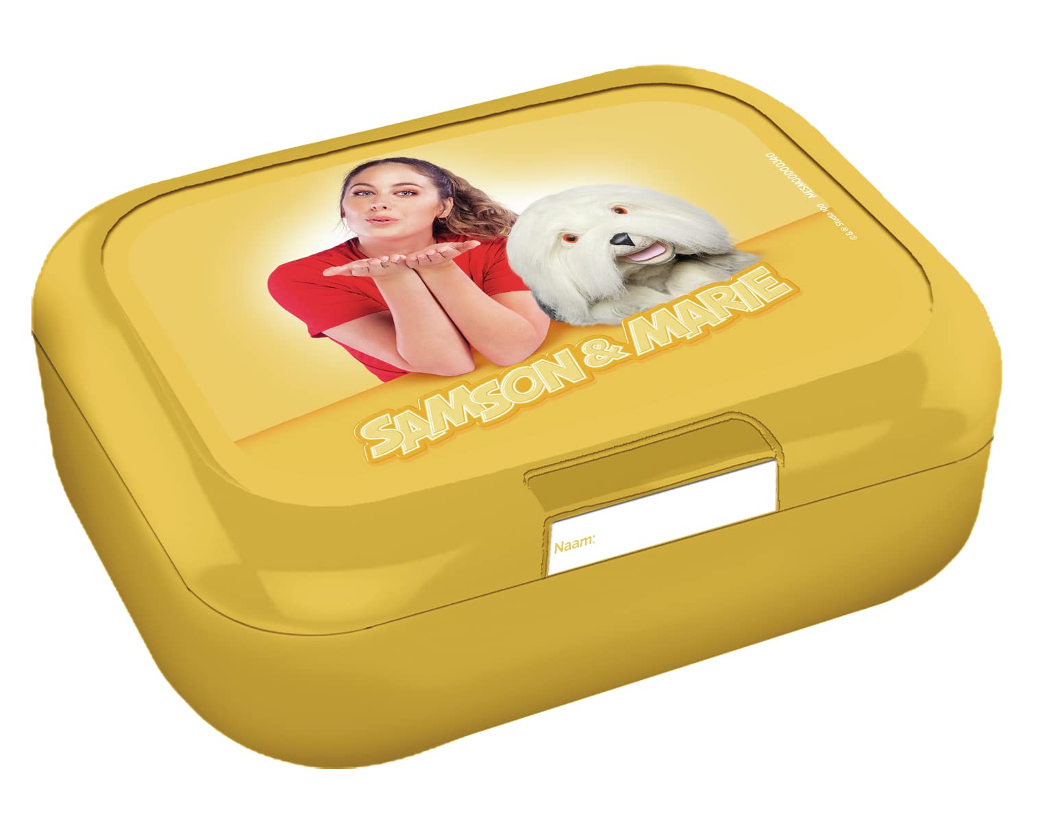Caja de galletas amarilla Samson & Marie con etiqueta de nombre