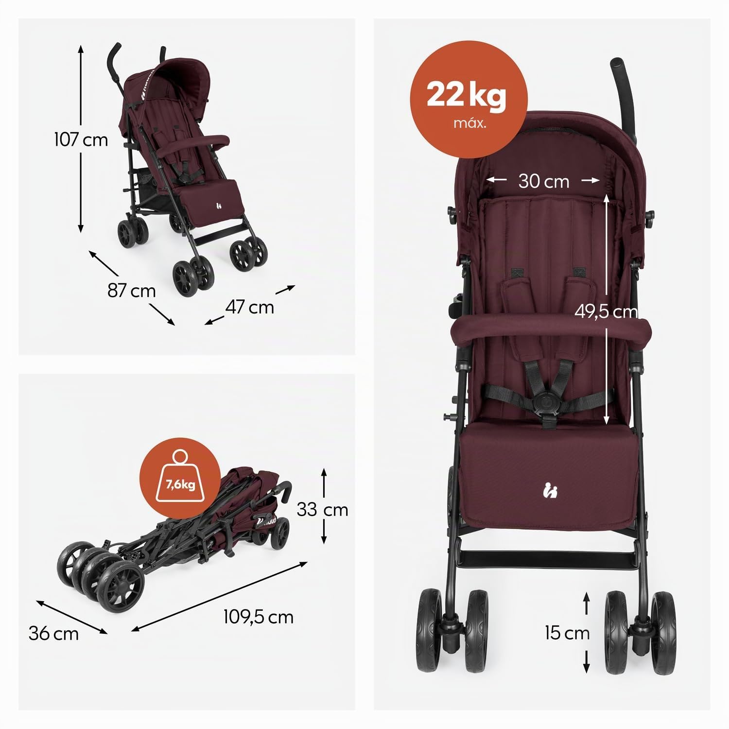 hauck Fold N Care Carrito Bebe Ultraligero - Silla de Paseo para Niños desde 6 Meses hasta 22 kg - 7,6 kg Compacta - Reclinable - Protección Solar UV 50+ - Cesta XL - Blackberry