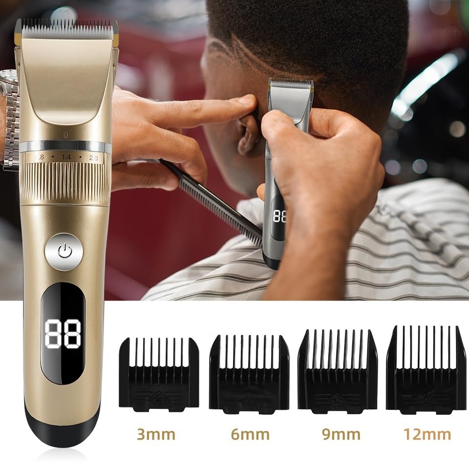 cortapelo, Recortador De Barba Profesional for Hombres, Cortapelos Digitales LED Velocidad Ajustable(Gold)