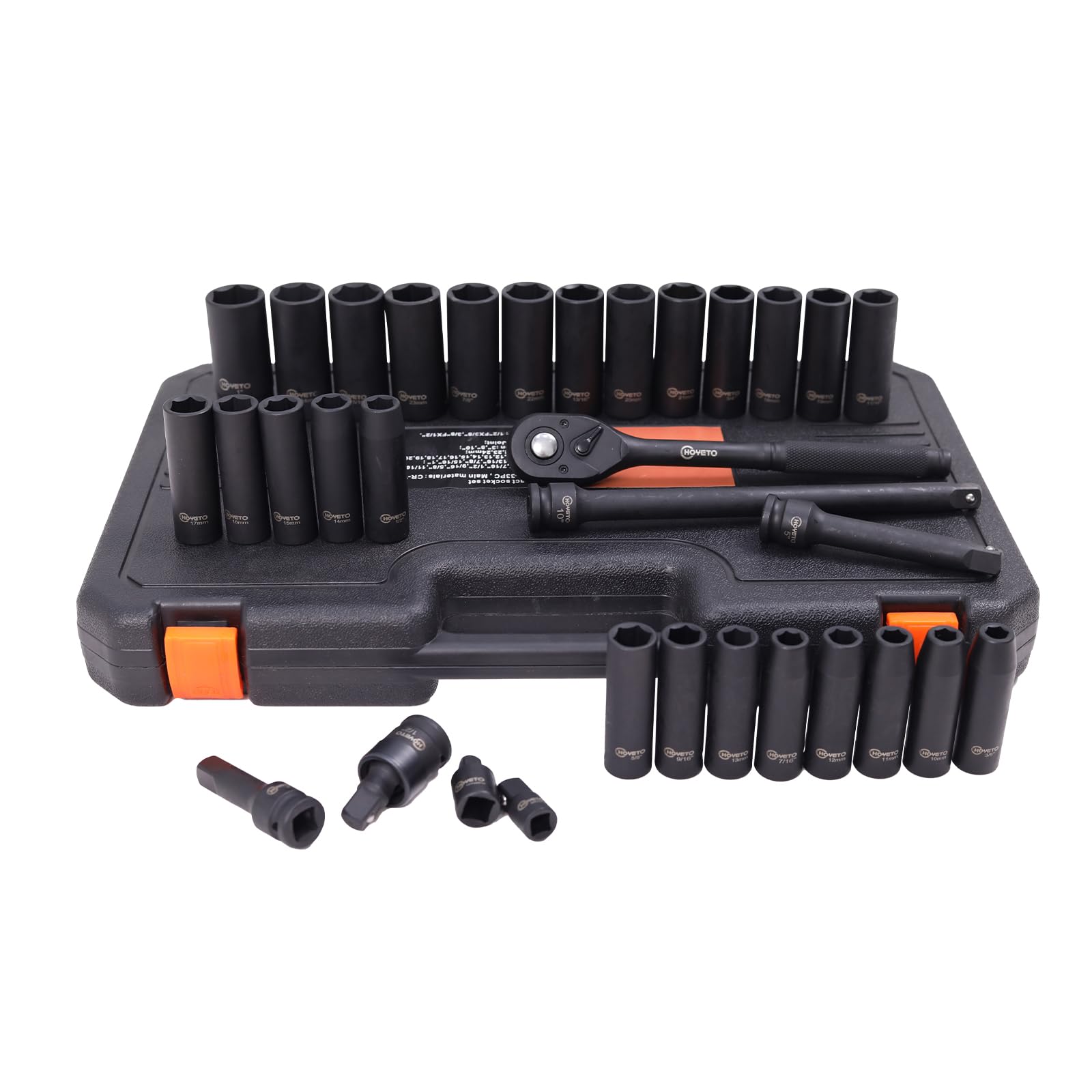 33 Piece 1/2in Impact Socket Set SAE 3/8-1 in Metric 10-24mm Cr