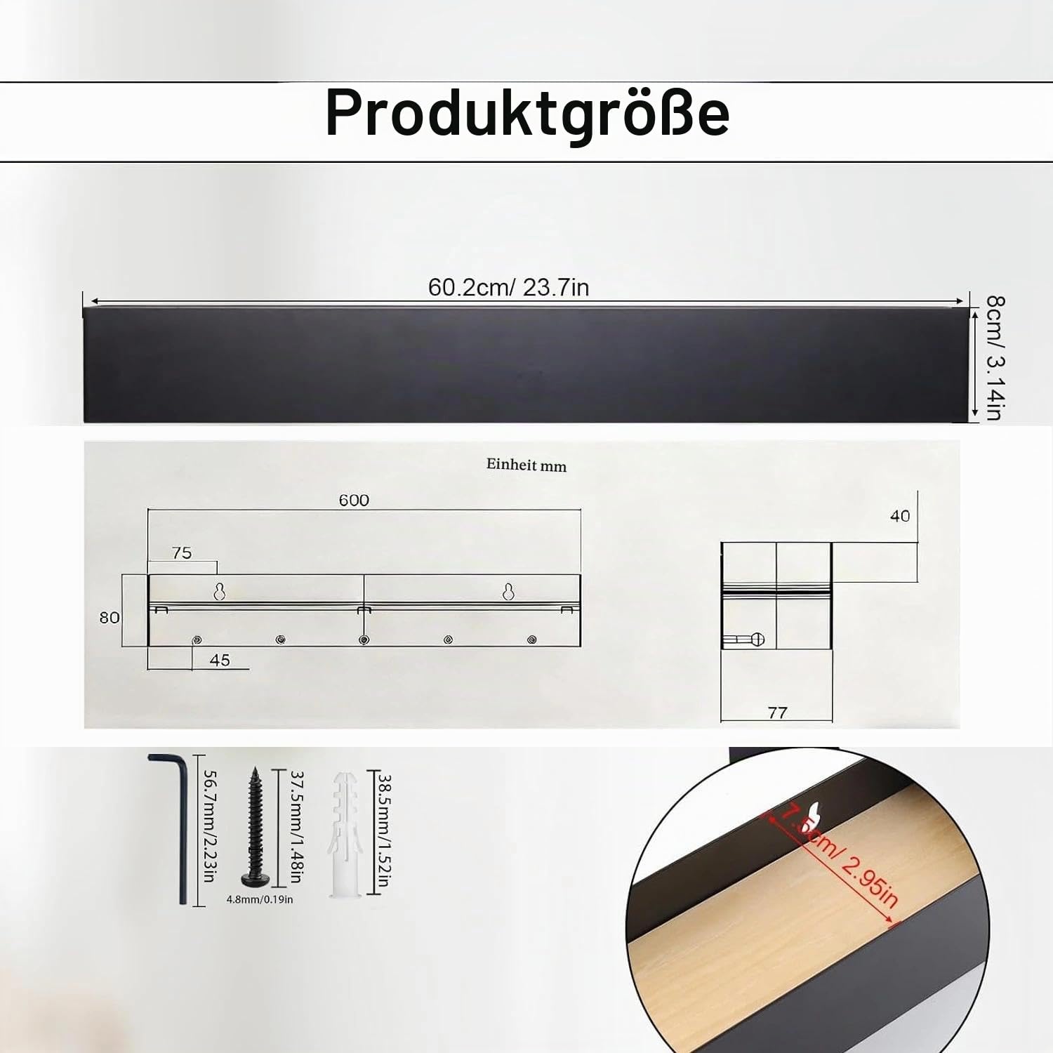Wandgarderobe mit Ablage, Versteckte Wandmontage Kleiderhaken Wand, 60cm Garderobenhaken, Wandgarderobe Schwarz mit 7 Haken für Wohnzimmer, Flur und Schlafzimmer