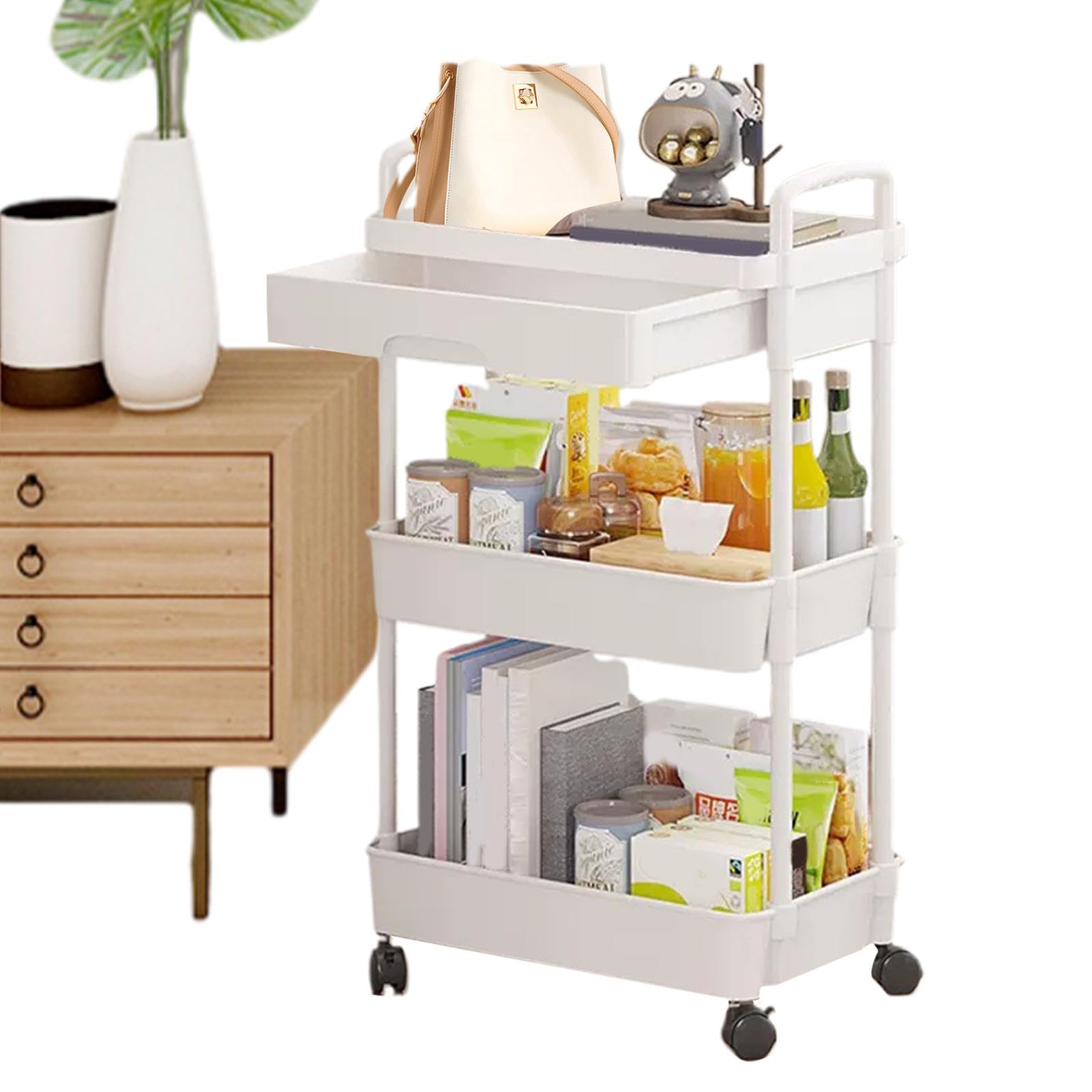 Carrito utilitario de 3 niveles, carrito de almacenamiento con | cajones, carrito de almacenamiento portátil rodante, carrito utilitario compacto multiusos para cocina, dormitorio, sala de e