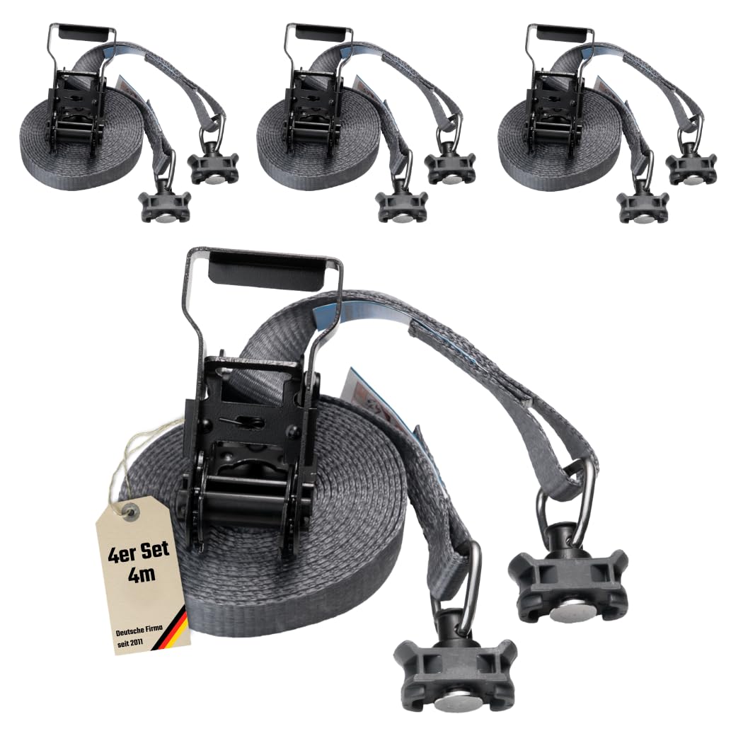 LoadCare 4er Set 2tlg Ratschenzurrgurt für Airlineschienen | 25 mm | LC 500 daN | STF 200 daN | Schwarze Premium‑Ratsche I Endbeschläge für Airlineschiene I abgeschrägtes Losende (4, Anthrazit)