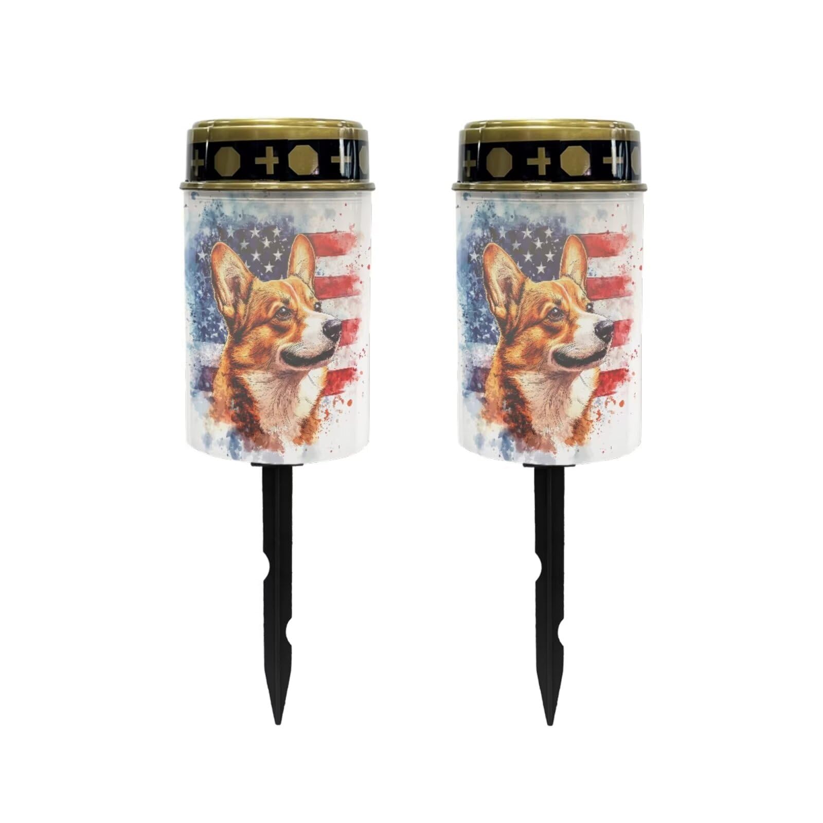 Poceacles Flameless Candle Set of 2 Solar Powered Grave Outdoor Solar Lights Cemetery Candle Lights Fake LED Pillar Candles Outdoor Waterproof Decorative Outdoor Garden Decor, Corgi American Flag
