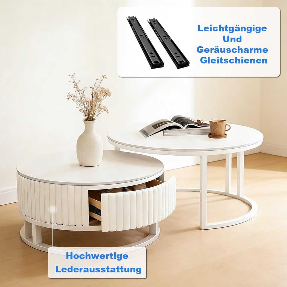 Modern Weiss Rund Couchtisch 2er Set Satztische Hochglanz Marmor 50+70cm Nested Beistelltisch Kaffeetisch Für Wohnzimmer, Balkon Und Büro, Stabiler Metallrahmen + Komplette Installation