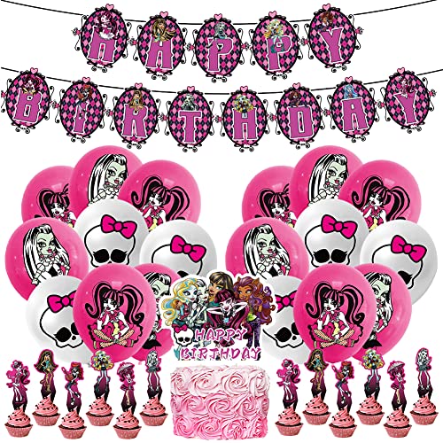 Monster High Party Supplies Décoration Hilloly 32pcs Monster High Birthday Party Supplies Monster High Latex Balloons Décoration De Gâteau Happy Birthday Bannière Birthday de Fêtes Accessoires