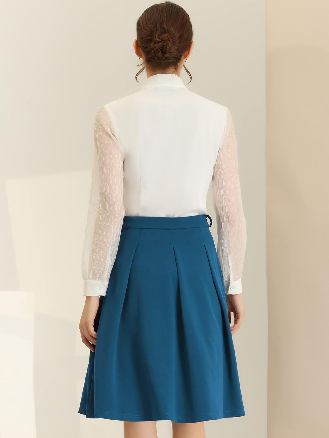 Allegra K Women's Office Work Skirts Belted Waist Midi A-Line Pleated Skirt