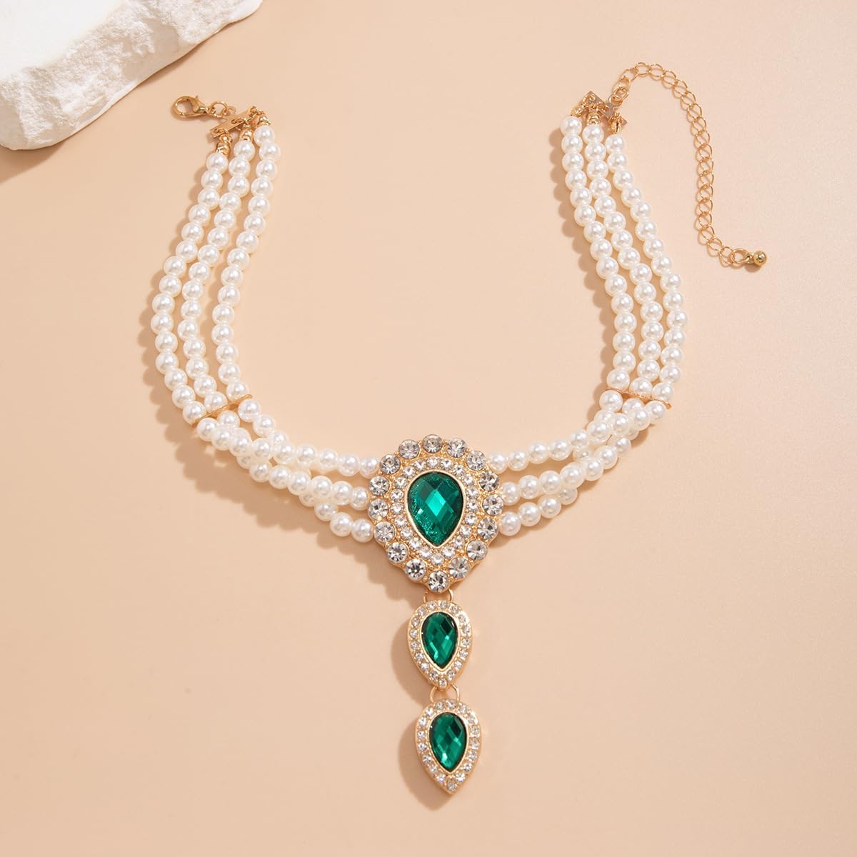 Pearl Necklace Bracelet Jewelry Set for Women Vintage Imitation Pearl Multi-Strand Choker Shiny Crystal Teardrop Pendant Necklace and Bracelet Court Style Queen Costume Jewelry - Image 9