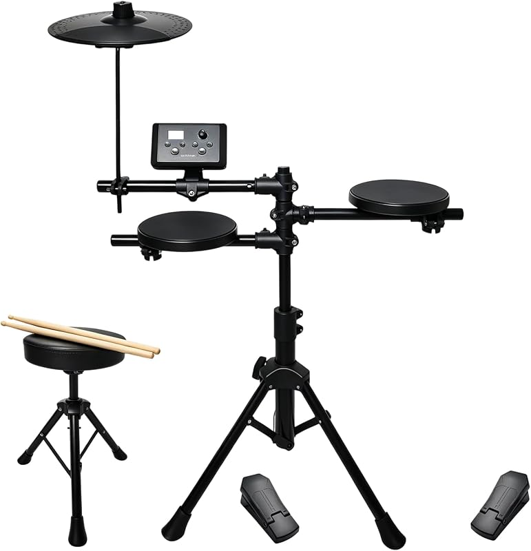 Batería Electrónica para Niños Principiantes, Batería Eléctrica Compacta y Silenciosa para Práctica en el Hogar con 7 Kits, 56 Sonidos, Grabación y Metrónomo, Auriculares, Trono de Batería y Baquetas, USB MIDI (UED-60)