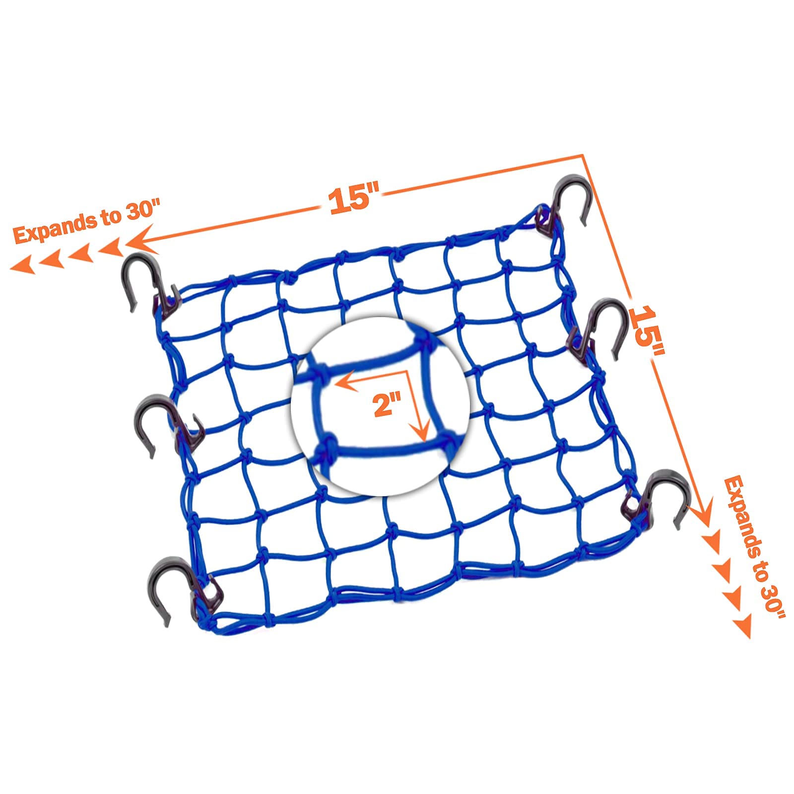 Petit Filet Cargo de 38,1 x 38,1 cm Extensible jusqu'à 76,2 x 76,2 cm avec Crochets épais | Noyau en Latex Naturel, Maille serrée de 5,1 x 5,1 cm pour Casque de Moto, vélo, VTT, UTV, Bagages