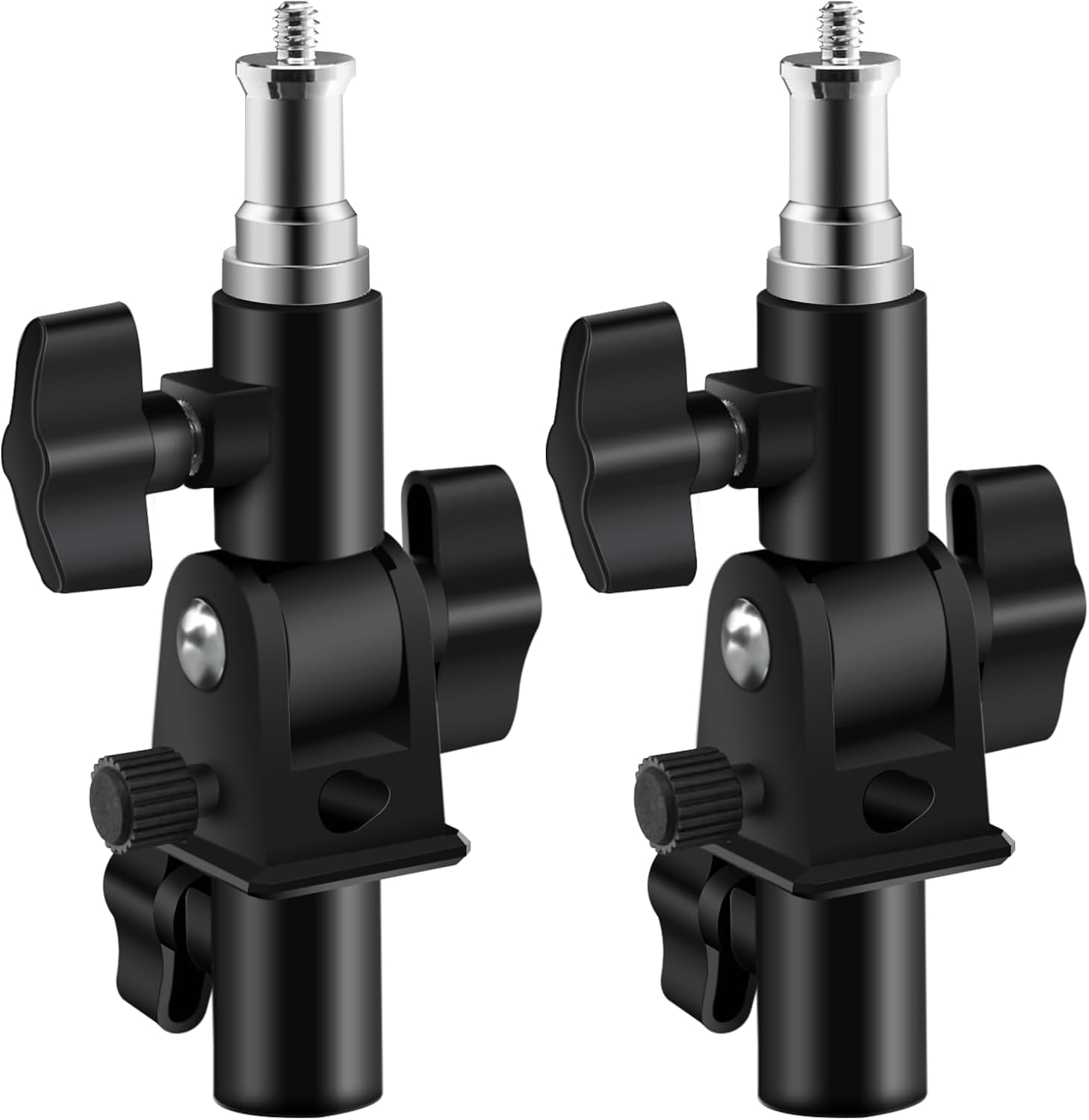 WELLMAKING 2PCS U Shape Tilt Adapter Swivel Mount Umbrella Holder Light Stand with Standard 1/4 to 3/8 inch Metal Male Screw Adapter Spigot Stud for Studio Light Stand, Hotshoe/Coldshoe Adapter