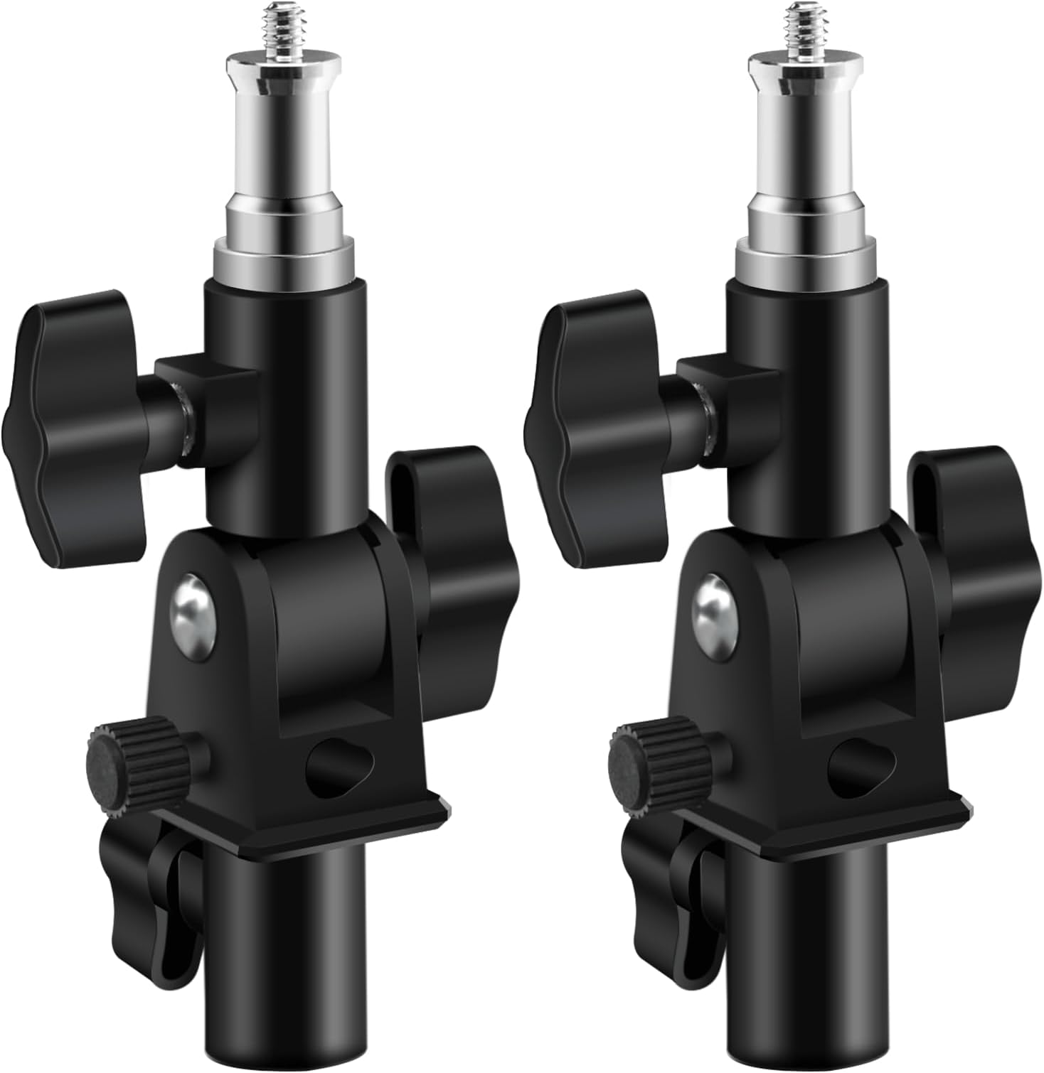 WELLMAKING 2PCS U Shape Tilt Adapter Swivel Mount Umbrella Holder Light Stand with Standard 1/4 to 3/8 inch Metal Male Screw Adapter Spigot Stud for Studio Light Stand, Hotshoe/Coldshoe Adapter