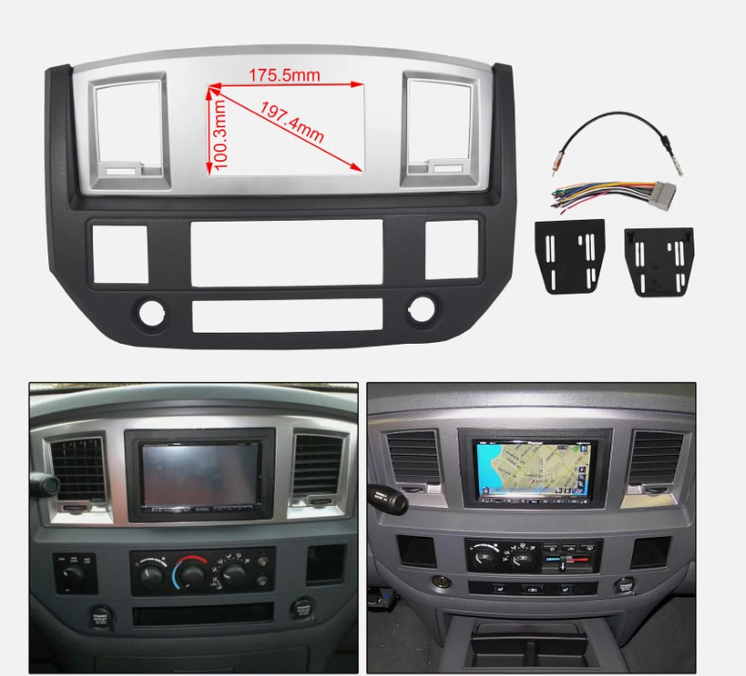 Radio Double Din Dash Bezel Kit Silver with Grey Fits for 2006 2007 2008 2009 Dodge for Ram 1500 2500 3500 Front Center 5KS701J8AB 5KS701DHAB