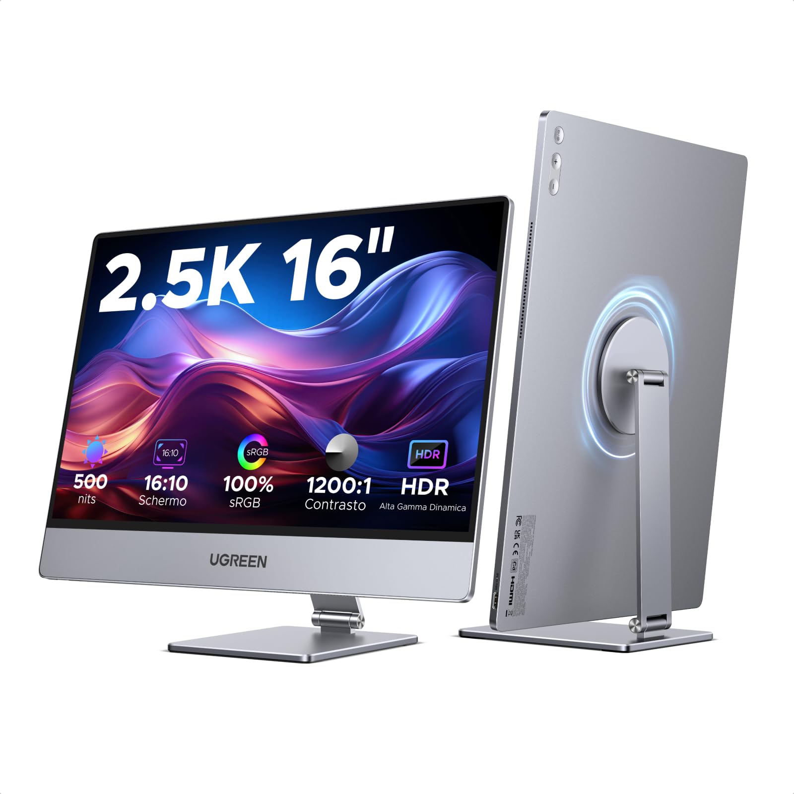 UGREEN Monitor Portatile 2.5K da 16 Pollici QHD Display IPS | 2560 1600@165Hz 2 Porte USB C Mini HDMI HDR400 500nit Colore sRGB al 100% Compatibile con Mac laptop PC PS5 Switch