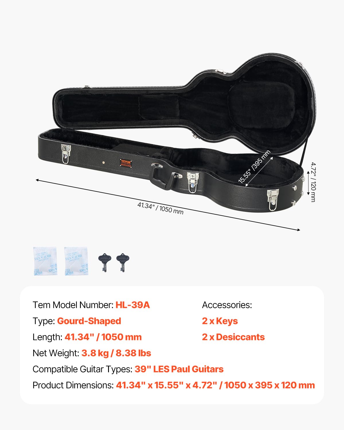 VEVOR Custodia Rigida per Chitarra Elettrica, Custodia Rigida Forma di Zucca 1100 mm, con Chiavi di Chiusura Maniglia Fodera Morbida Custodia Resistente all'Acqua per Chitarre LES Paul 1100 mm Nero