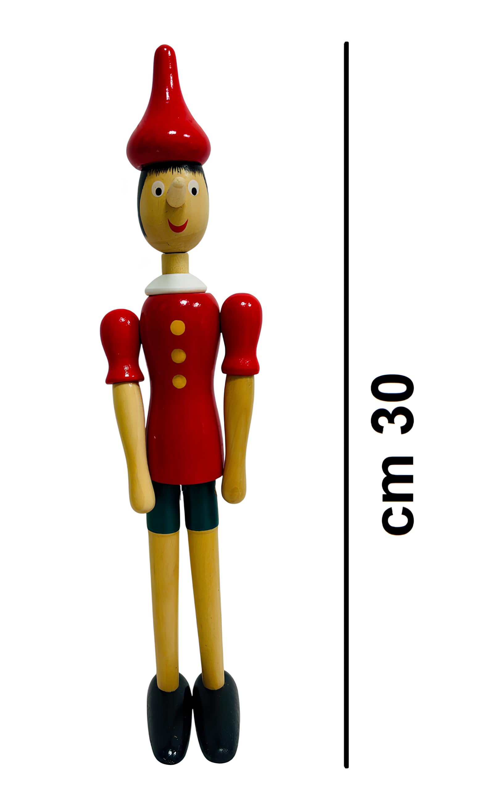 Pinocchiio in Legno Massello cm 30 Snodabile Marionetta di Legna con Articolazioni Burattino delle Fiabe in Legno Dipinto Altezza 30cm con Gambe Braccia e Testa Mobili Snodabile Snodato (A)