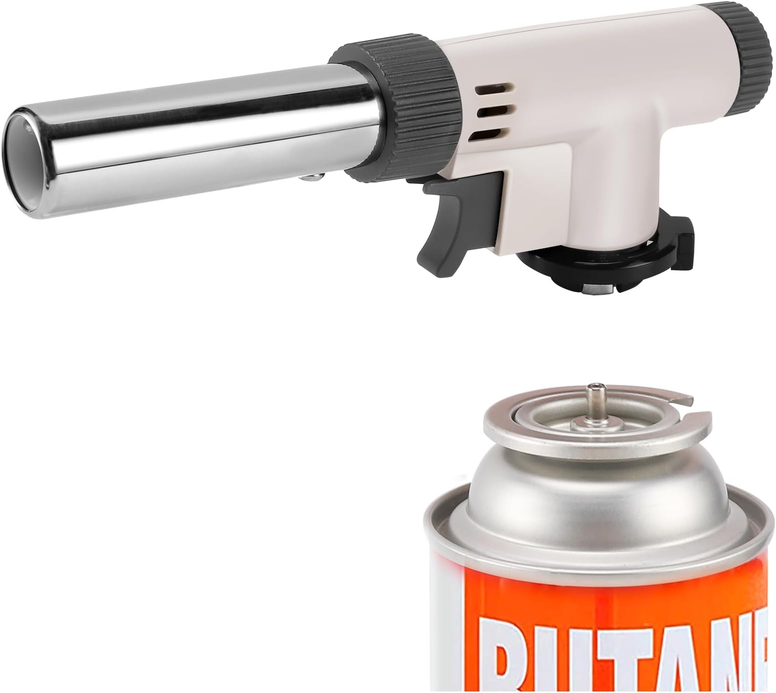 Butane Torch Head, Professional Kitchen Cooking Torch with Adjustable Flame, Culinary & Grilling Blow Torch Lighter for Desserts, Creme Brulee, Soldering, and Baking - White (Fuel Not Included)