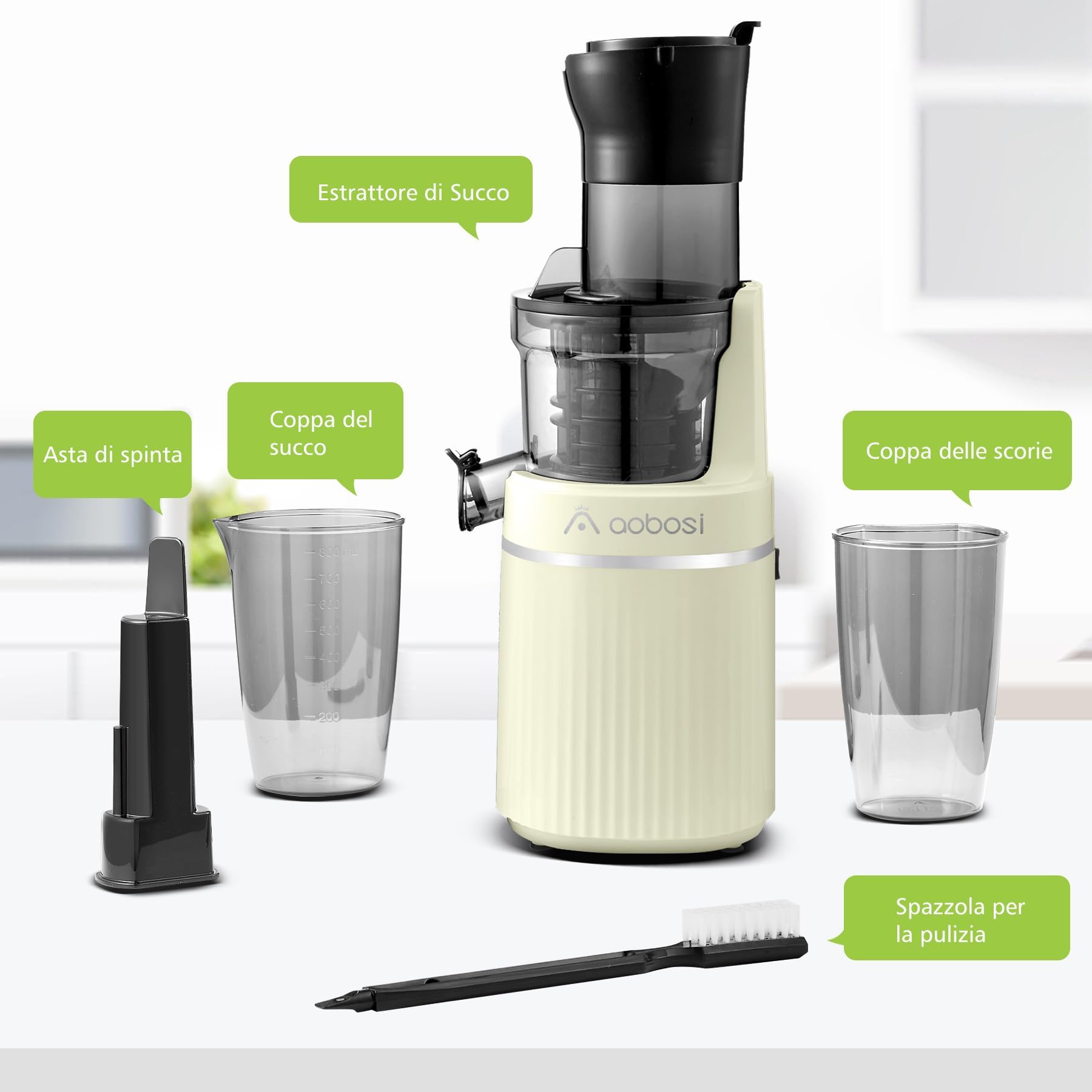 AOBOSI Estrattore frutta e verdura 200 W- Estrattore con coperchio di sicurezza reversibile-Estrattore di succo- Estrattore frutta e verdura a freddo per frutta e verdura con chip intelligente. Verde