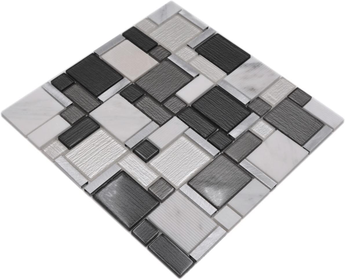 Mosaïque Murale MOSANI – Verre Et Métal, Noir Anthracite Et Argent, Effet Miroir