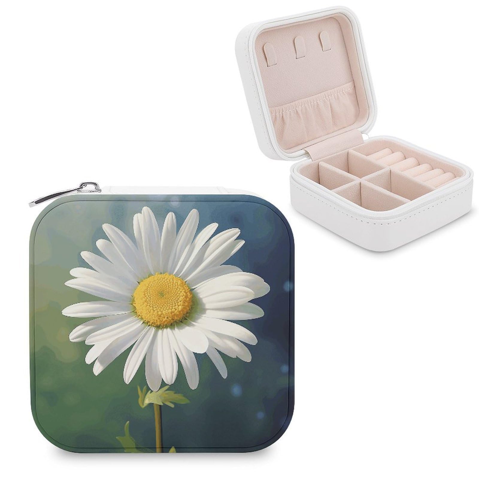 VstaDank Daisy Flower Jewelry Box Exquisite Leather Jewelry Organizer Portable Trinket Organizer Fashion Travel Jewelry Case for Rings Earrings Necklaces Unique Gifts for Women