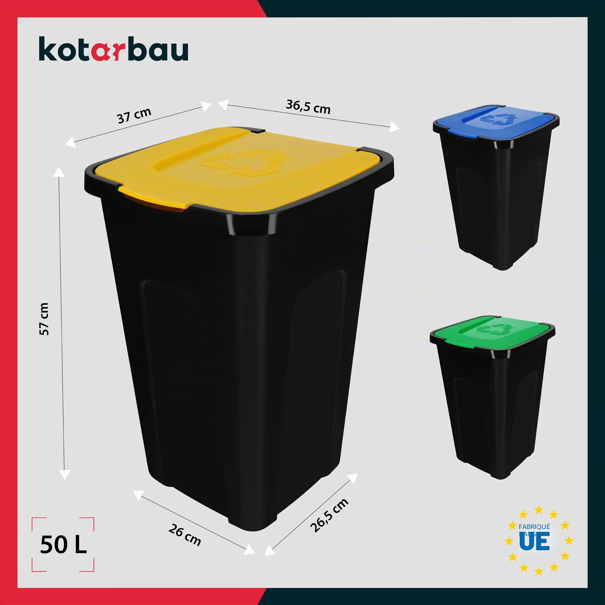 KOTARBAU® Set 3 Poubelles Tri Sélectif 50L | Poubelle Jaune | Poubelle Cuisine 50 litres Tri Sélectif | Poubelle Extérieur 50L | Poubelles de Recyclage | Poubelle Tri Sélectif 50L | Poubelle Jaune