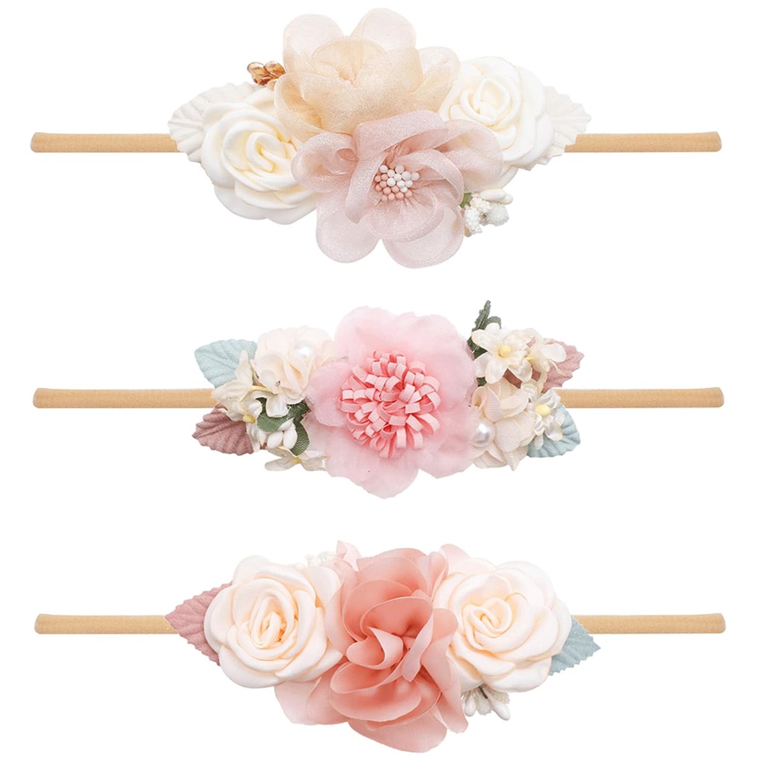 Kurilai Flower Headband for Baby Girl, 3pcs Elastic Nylon
