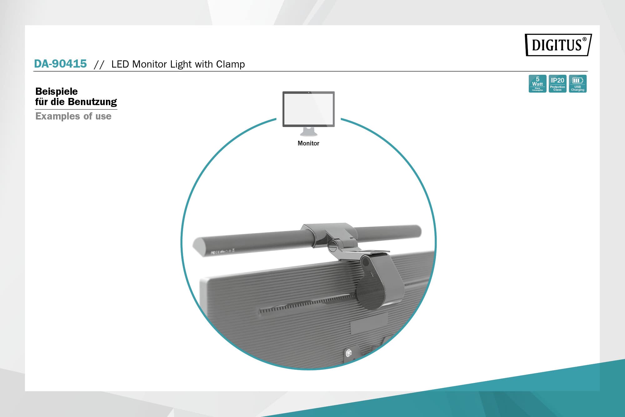 DIGITUS Lampka do monitora LED z mocowaniem zaciskowym - Możliwość ściemniania - 5 poziomów jasności - Regulowana temperatura barwowa - 250 lumenów - Lampa biurkowa - Lampa ekranowa - Czarny