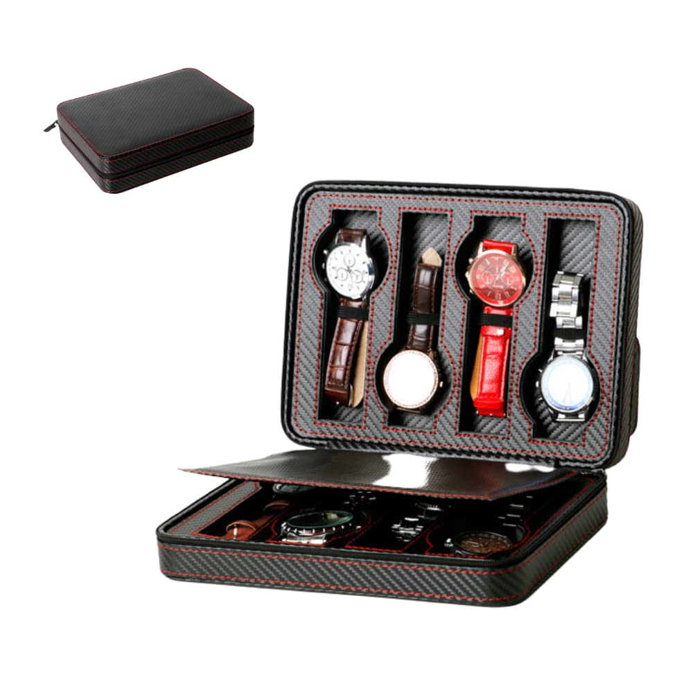MAGIC SELECT MAGIC SELECT Estuche de 8 Relojes de Viaje. Caja de Relojes de Polipiel Estilo Fibra de Carbono. Organizador Portátil de Relojes con 8 Compartimentos y Cierre de Cremallera.