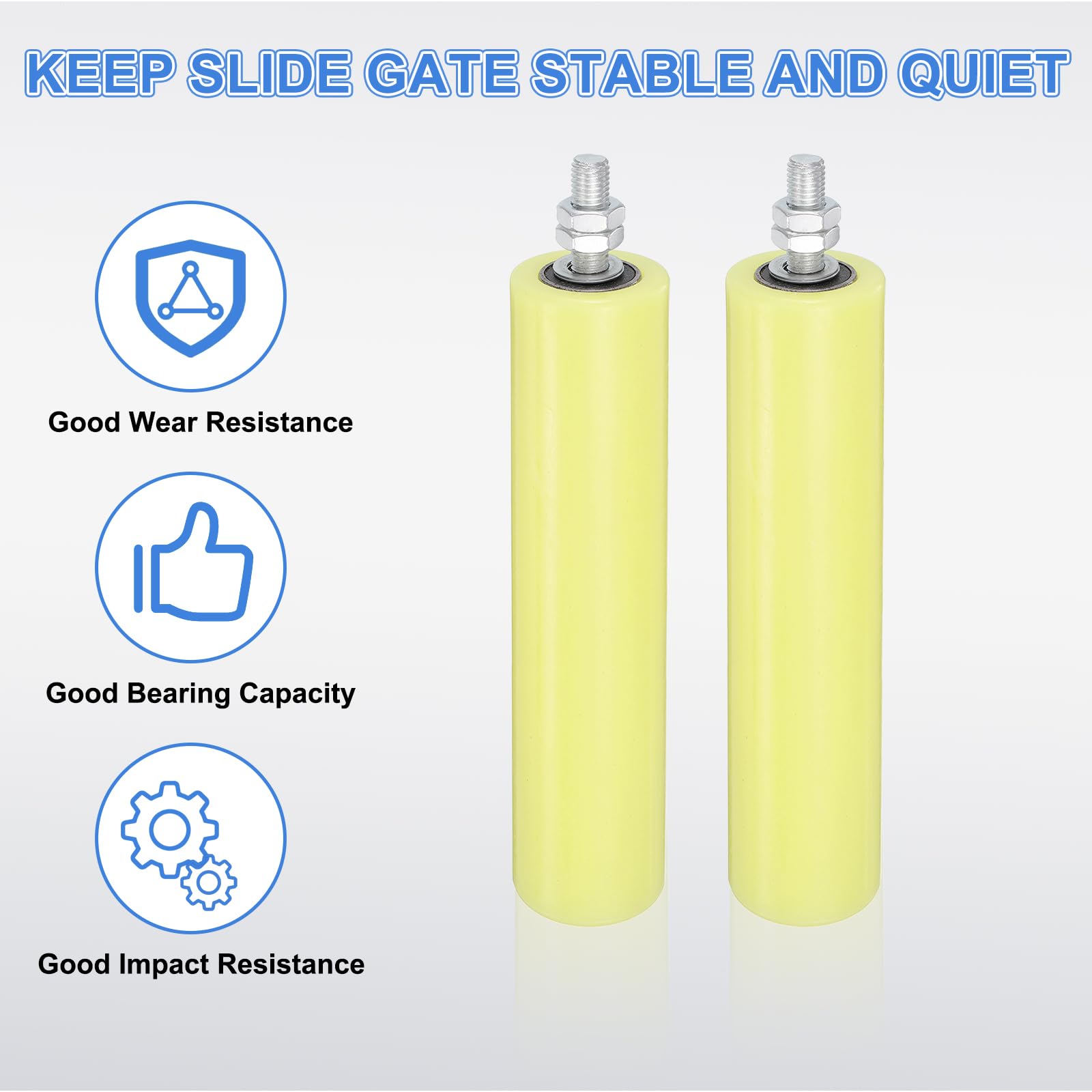 QUARKZMAN 2pcs Galet Guide pour Portail Coulissant 50x200mm, M12 Roulette Nylon Guide au Sol pour Porte Grange Coulissante, Roue Universel avec Roulement à Billes Scellé pour Portail, Jaune