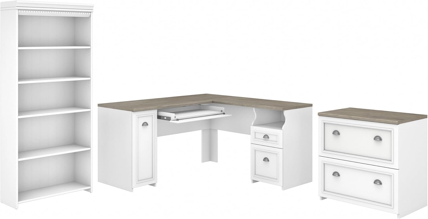 Bush Home Fairview 60W L Shaped Desk with Lateral File Cabinet and 5 Shelf Bookcase in Pure White and Shiplap Gray