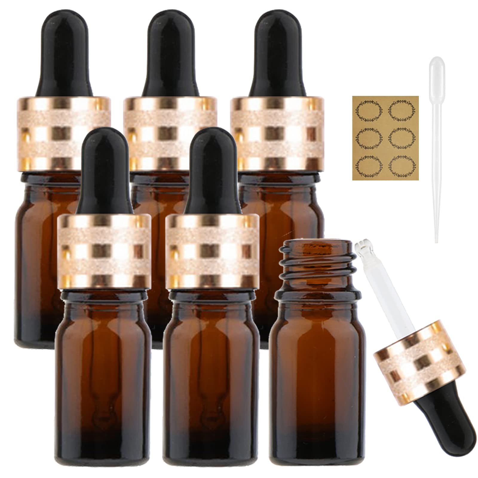 Alledomain6Pcs, 20Ml Amber Glass Bottles with Dropper Pipettes, Mini Empty Dropper Bottles Frosted Gold Aluminum Alloy Cap Refillable Sample Container for Essential Oils/Massage Oils/Chemical Liquid