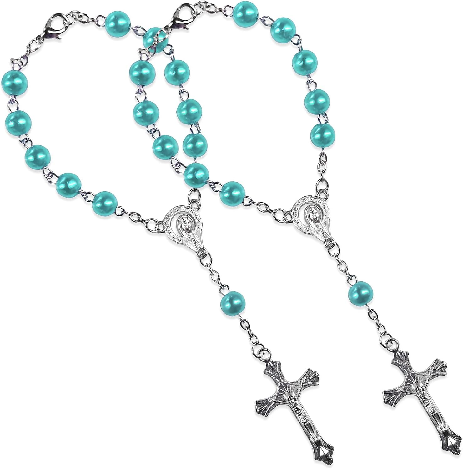 2 PCS Rosary for Rearview Mirror, Religious Cross Bead & Medal Car Rear View Mirror Hanging Ornament, Personalized Rosary Pendant Christian Auto Decoration for Women Men (Blue)