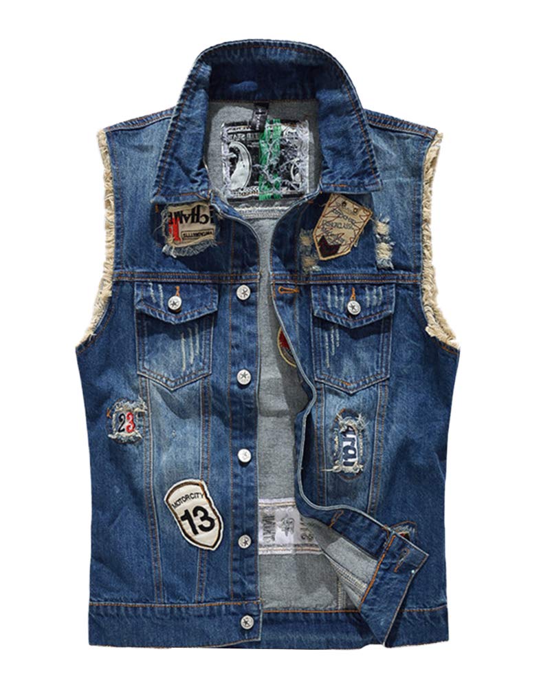 Anyua Men's Blue Denim Jacket, Sleeveless, Destroyed, Vintage, Casual Waistcoat M