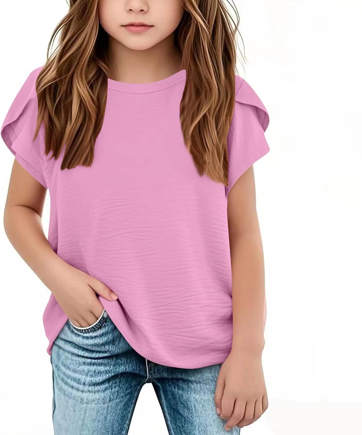 Girls Cotton Linen Blouse Ruffle Sleeve T-Shirt Cute Crewneck Tees Tween Girls Solid Oversized Tops Casual Loose T-Shirt