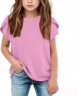 Camiseta de verano de algodón y lino de manga corta para niñas, color liso, casual, cuello redondo, para niños medianos y grandes, ropa de entrenamiento para niños, rosa, 5-6 años