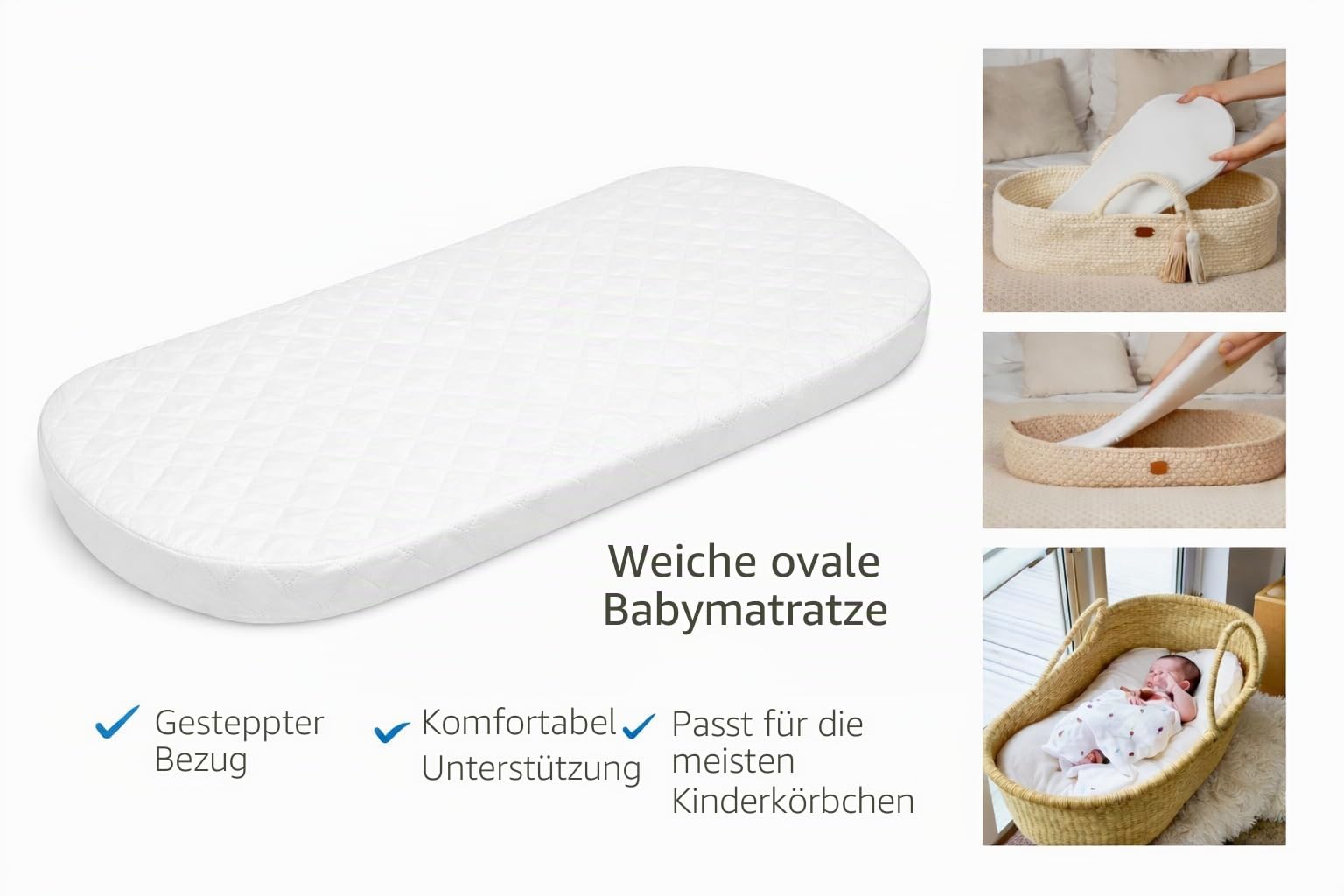 Matratze, Mikrofaser, hypoallergen, 74 x 30 x 4 cm, oval, Babyprodukt