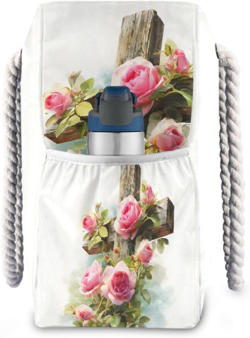 OTVEE Wooden Cross with Pink Roses Beach Bags for Women Ladies Large Canvas Tote Shoulder Bag Waterproof Travel Bags for Gym Swim Pool Camping