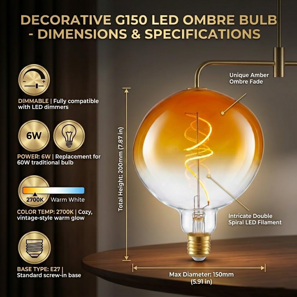 6W E27 XXL LED Lampe Melted Ice Bernstein Dimmbar 2700K | Dunkler Bernstein-Farbverlauf am Sockel. Schafft Retro-Atmosphäre für Schlafzimmer, Café und Restaurant.