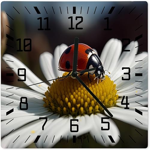 Spring Flower Wooden Wall Clock Silent Non Ticking, White Daisy Floral Natural Square Wall Clock Battery Operated, Decor Clock for Home Office,