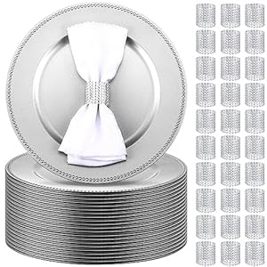100 Set (200 Pcs) Charger Plates Set Bulk with Napkin Rings 13 Inch Round Beaded Charger Plates Mesh Diamond Napkin Ring Holder Plastic Charger Set for Dinner Wedding Party(Silver)