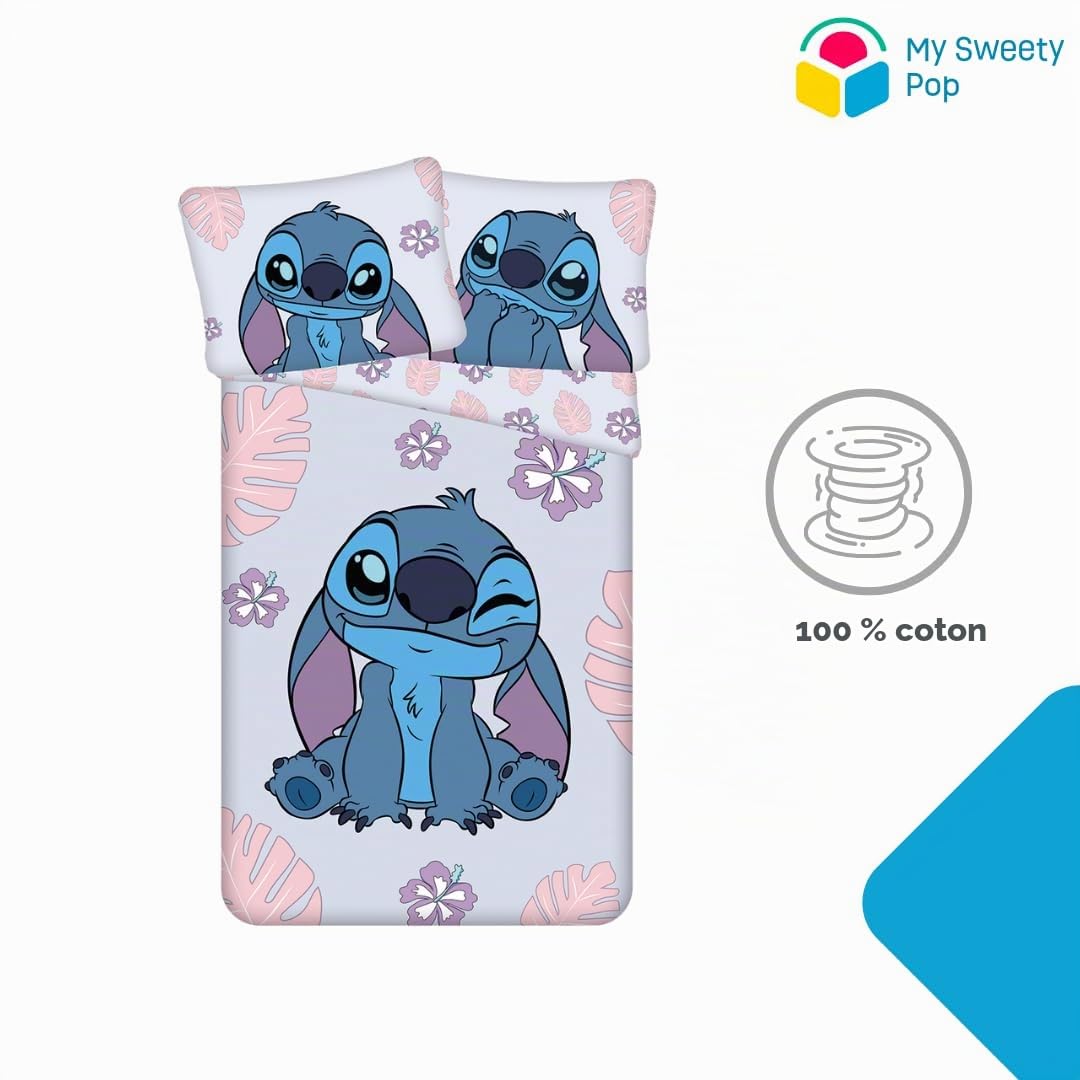 My sweety pop Parure de lit Enfant Stitch 2 pièces Housse de Couette | Réversible 140x200 Taie d'oreiller 70x90 cm Literie 100% Coton