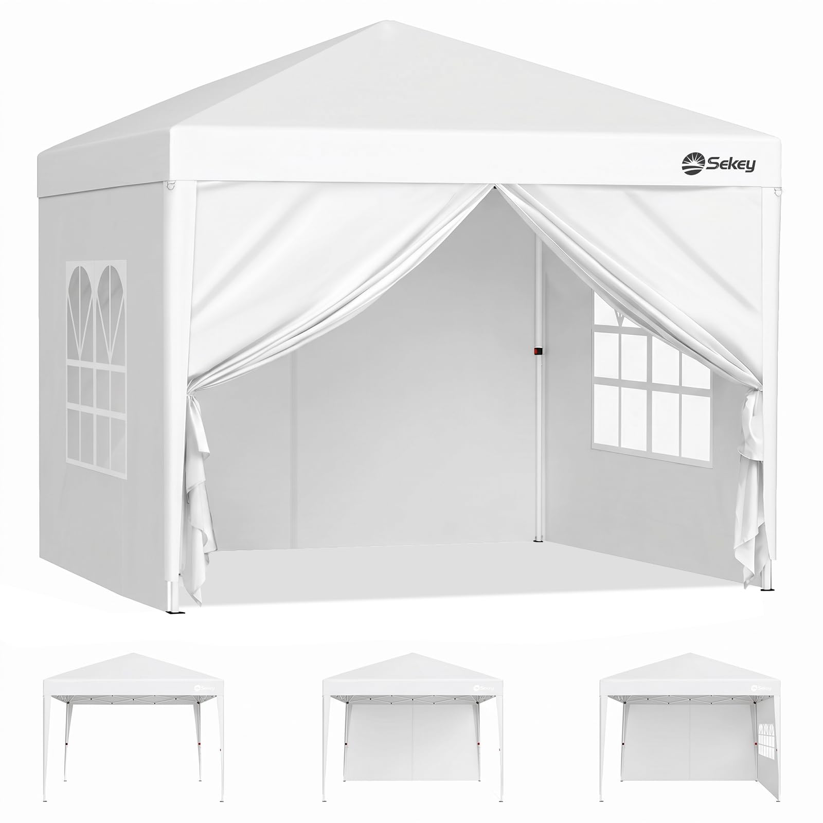 Sekey Pop Up Gazebo with Sides 2m x 2m, Heavy Duty Gazebo with Carry Bag, Instant Setup, Waterproof 1000mm - Marquee Garden Party Tent Outdoor, (White, 2x2 with Sides)