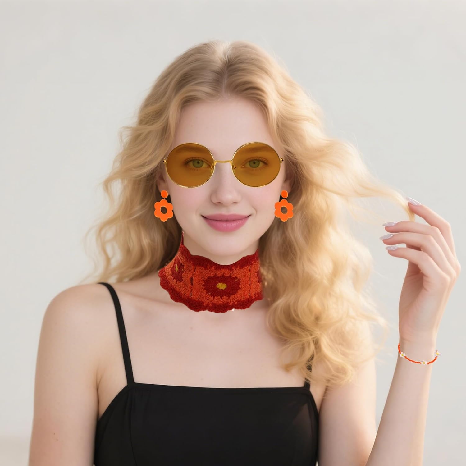 Fumwase 4PCS 60s 70s Hippie Accessories for Women Flower Knit Headband Earrings Sunglasses Bracelets for Halloween Party