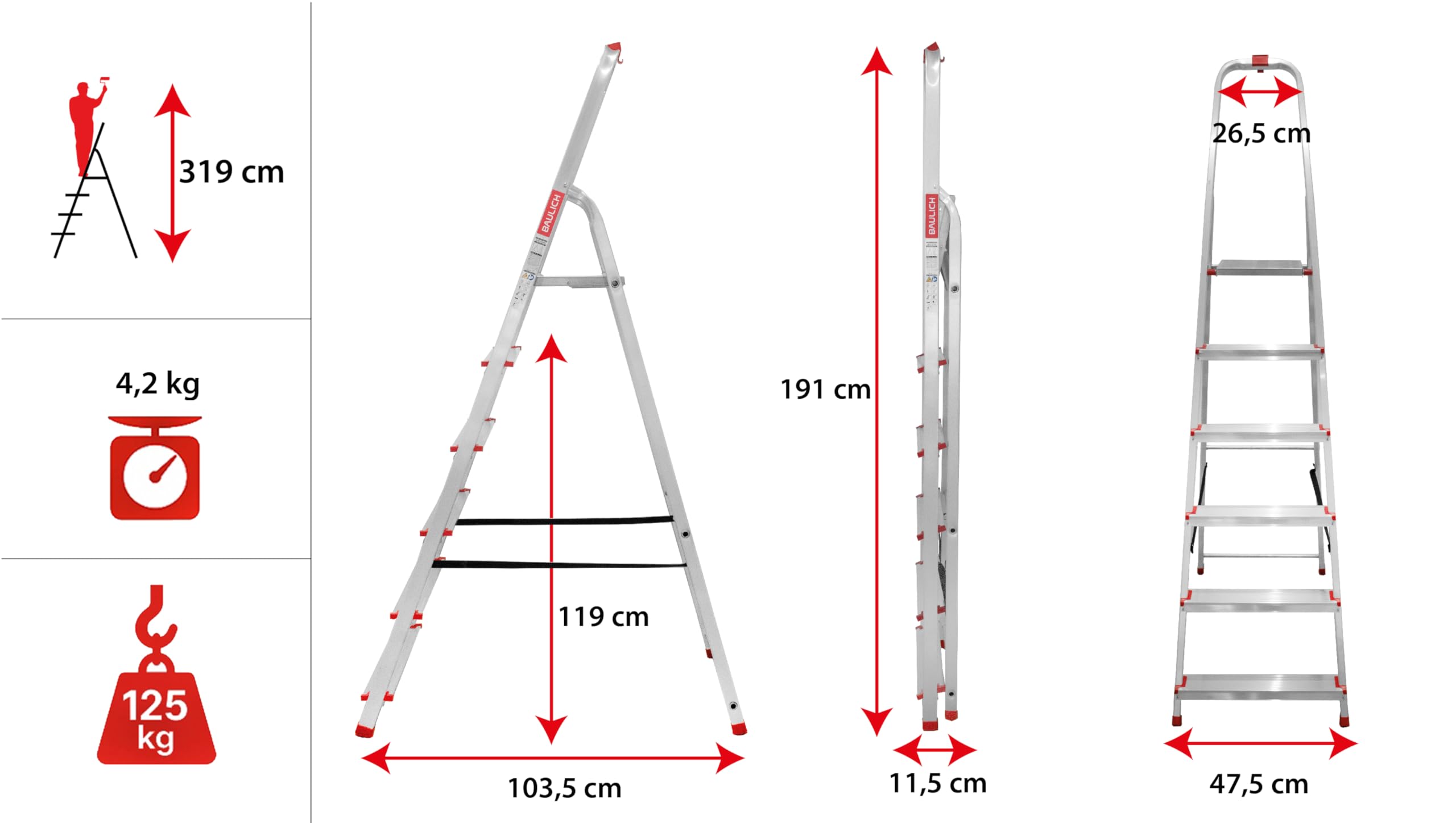 Aluminiowa drabina - 6 stopni, z haczykiem i 4 antypoślizgowymi końcówkami - solidna i ergonomiczna konstrukcja, łatwa do przenoszenia - 191 x 48 x 12 cm - nośność do 125 kg