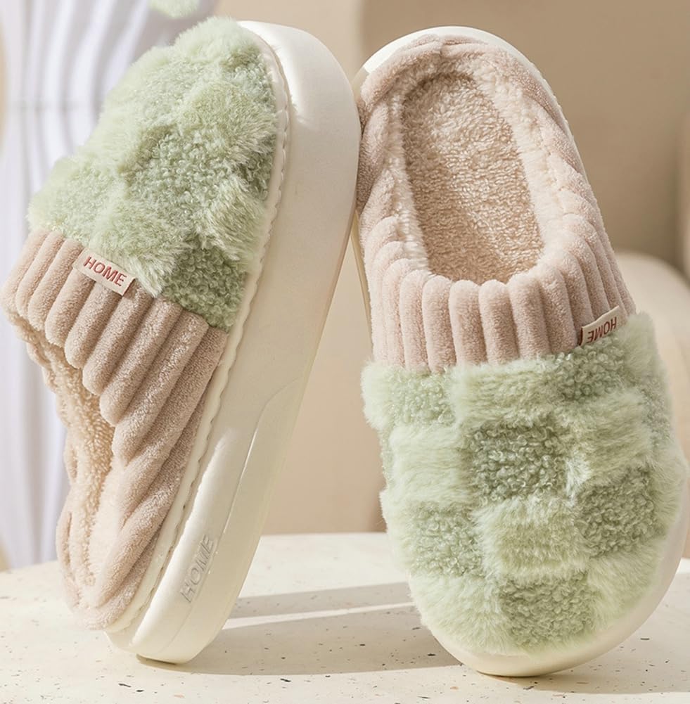 Plush Slippers for Women Men Plaid Cuff Warm Fuzzy Fleece Slipper Cozy Memory Foam Checkered Home Shoes Non-Slip - Image 9