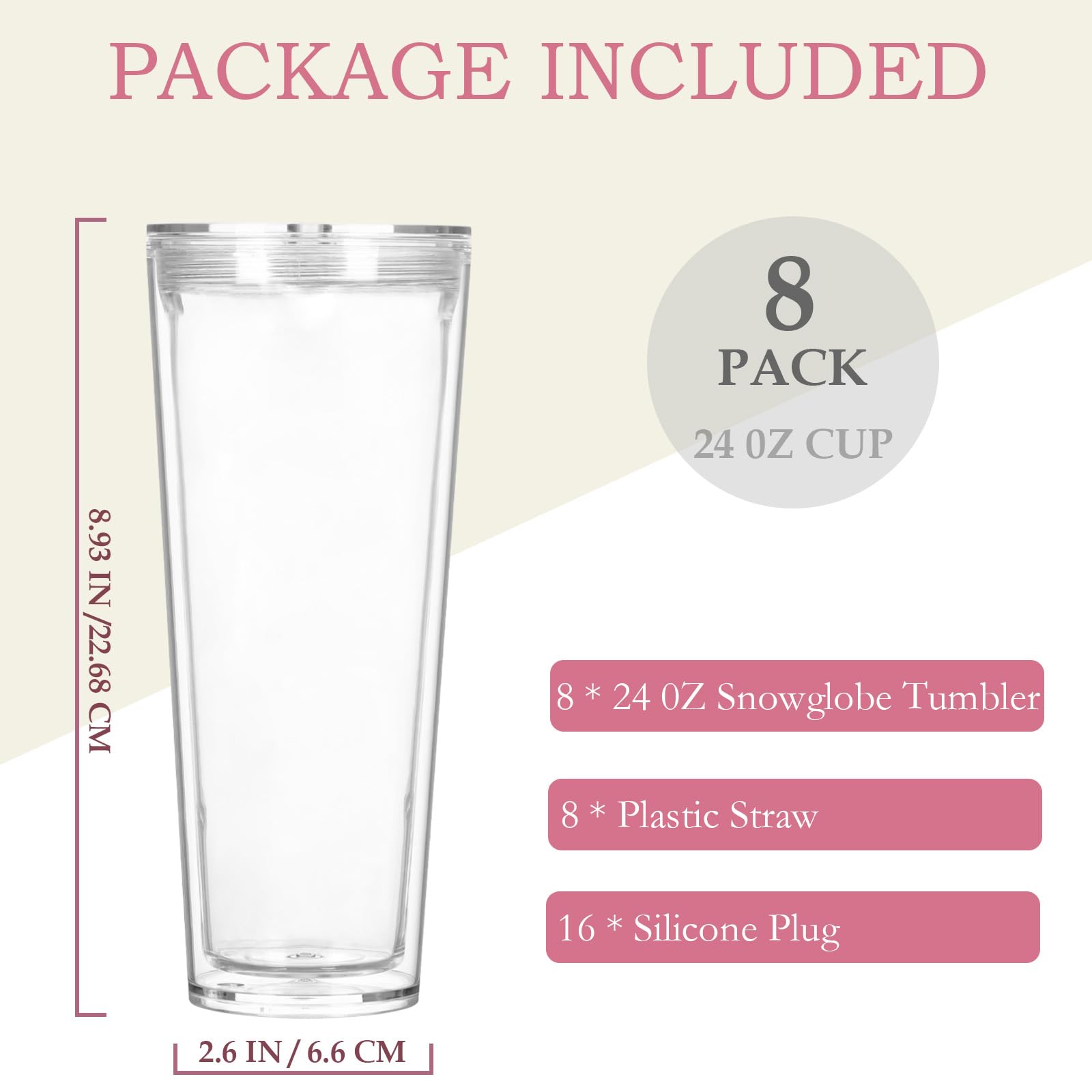 Cosictic 24 OZ Mehrweg Acryl-Schneekugel-Tumbler mit vorgebohrtem Loch, 709ml, Kunststoff-Doppelwandiger Schneekugel-Tumbler mit klarem Deckel und Trinkhalm, (8 Stück)