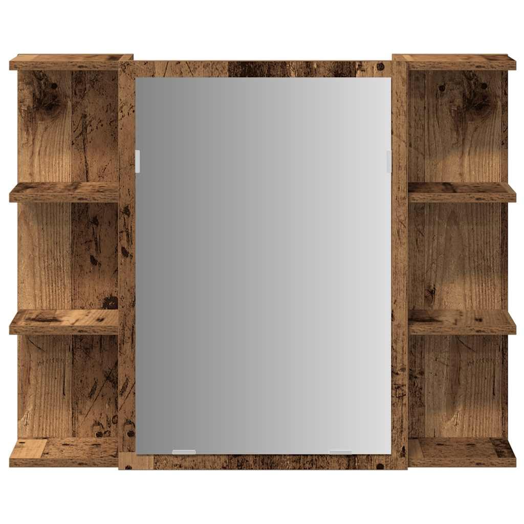 SYDE Armario de Baño con Espejo 80x20,5x64cm | Madera de Ingeniería Resistente a Humedad, 6 Estantes Abiertos, 2 Compartimentos, Diseño Moderno