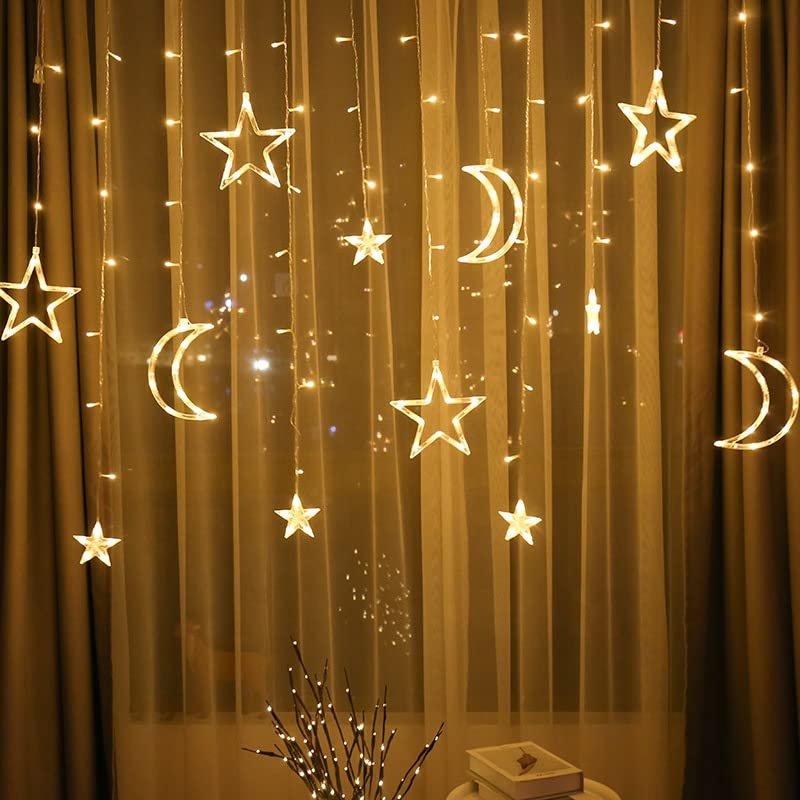 MOONCEE ® 12 Moon Star 138 LED Ramadan Decoration Curtain String Lights 4m, Window Curtain Fairy Lights with 8 Flashing Modes, Connector For Bedroom, Garden, Indoor & Outdoor Wall Decoration Plug In