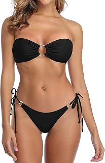 DADDY COME Women's Two-Piece Bandeau Bikini Set with O-Ring Detail, Side-Tie Bottom Price In India