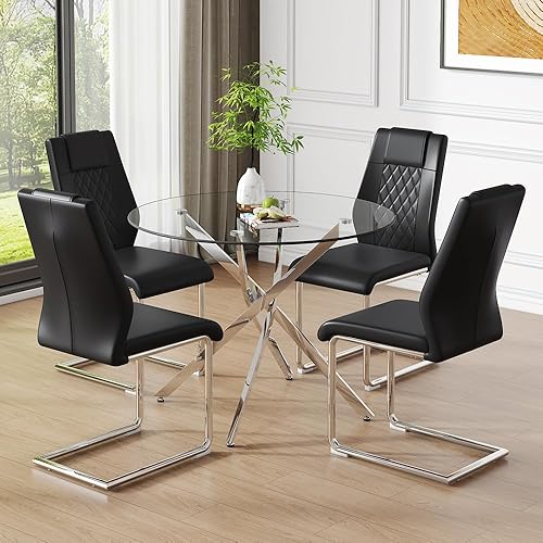Miniatura 59 de Mesa redonda de comedor de vidrio para 2 a 4, moderna mesa superior de vidrio templado, patas cromadas resistentes, almohadillas ajustables, mesa de